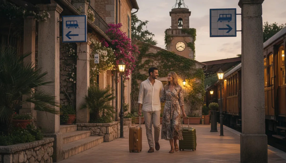 Couple walking calmly through a small Mediterranean train station