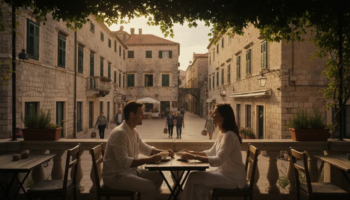 Shaded café terrace in a quiet Croatian old town square