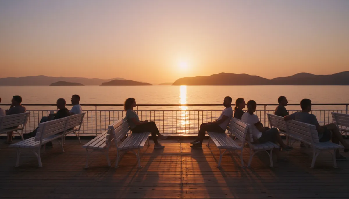 Passengers sitting quietly on deck of Croatian ferry at sunset