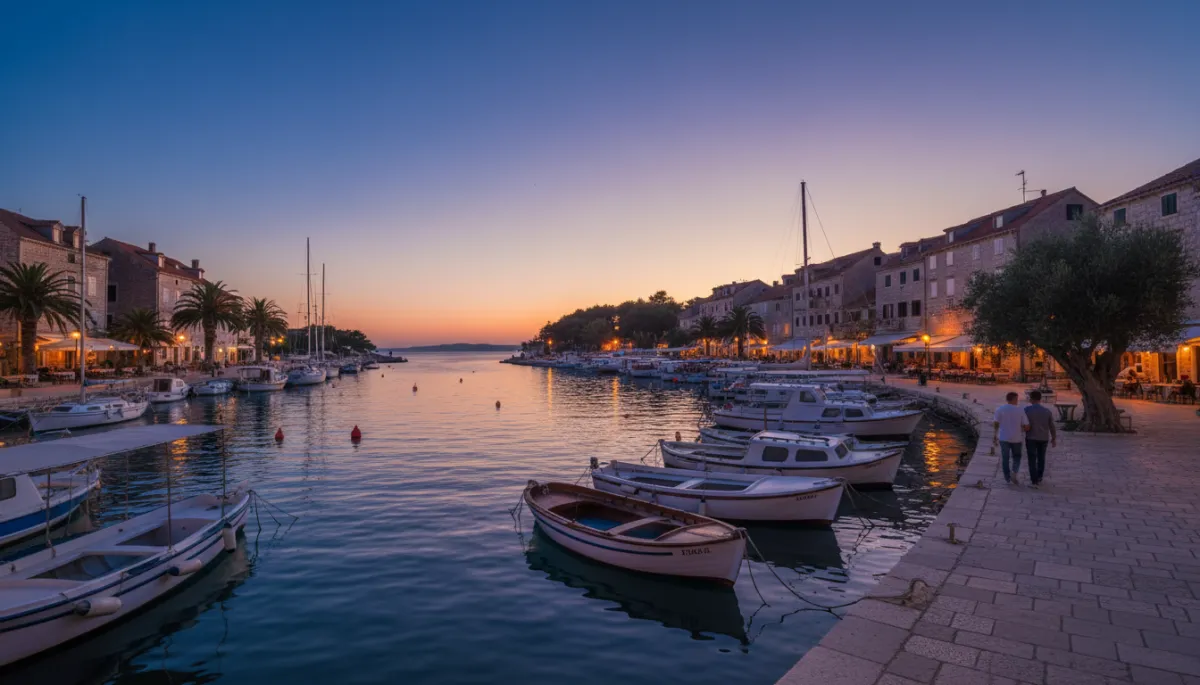 Small Croatian harbour at blue hour with tavern lights on the water