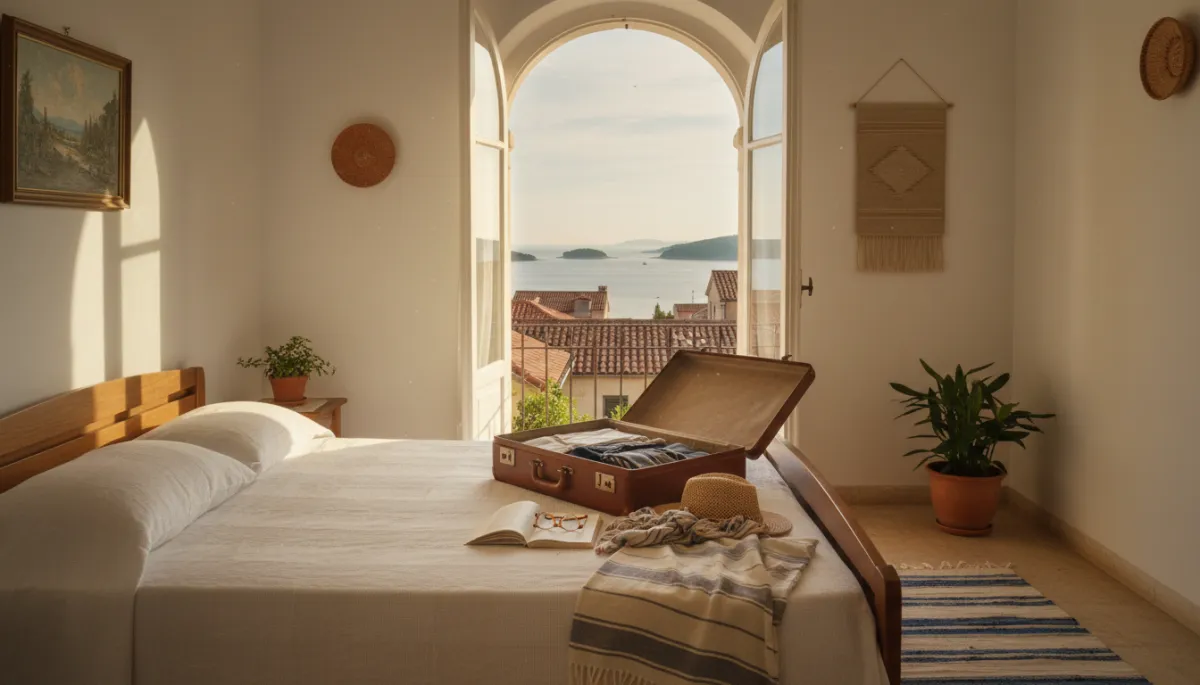 Simple Croatian apartment with open balcony doors and view of sea