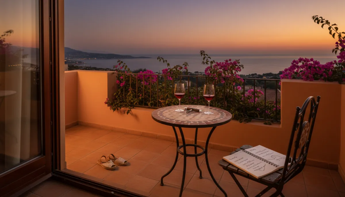 Calm hotel balcony at dusk with a simple handwritten itinerary and two glasses of wine Calm hotel balcony at dusk with a simple handwritten itinerary and two glasses of wine