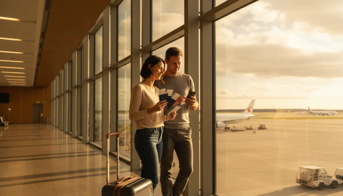 Couple at an airport window calmly checking travel documents and phone details Couple at an airport window calmly checking travel documents and phone details