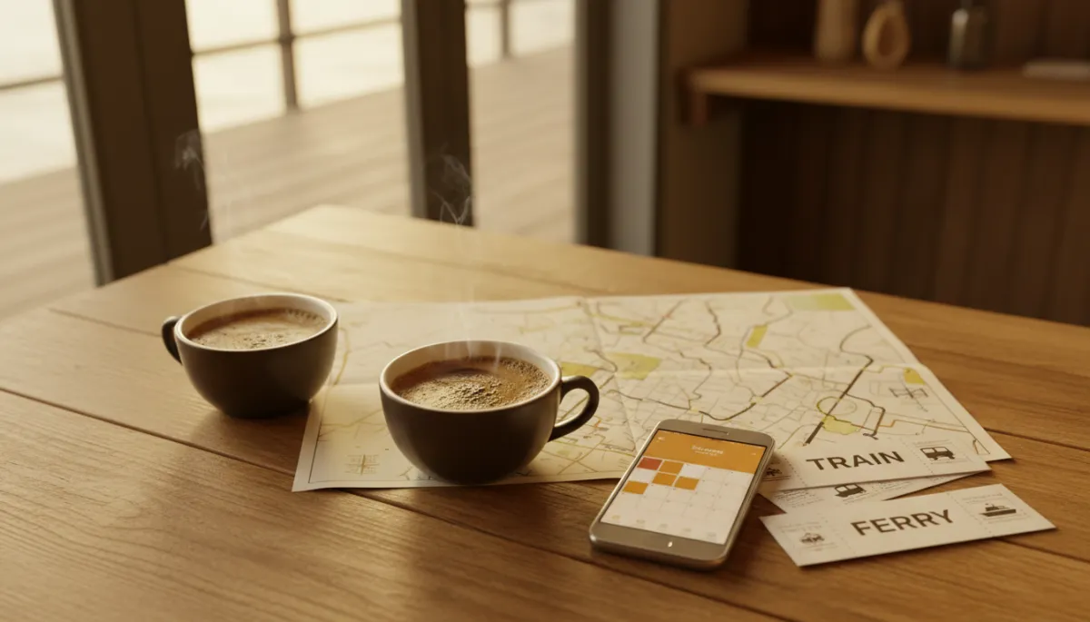 Café table near a ferry terminal with tickets, map and coffee laid out calmly Café table near a ferry terminal with tickets, map and coffee laid out calmly