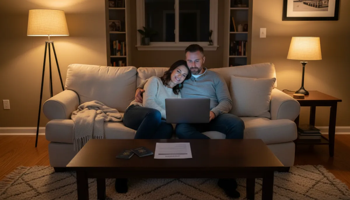 Couple on a sofa looking relaxed with a simple printed itinerary on the table Couple on a sofa looking relaxed with a simple printed itinerary on the table