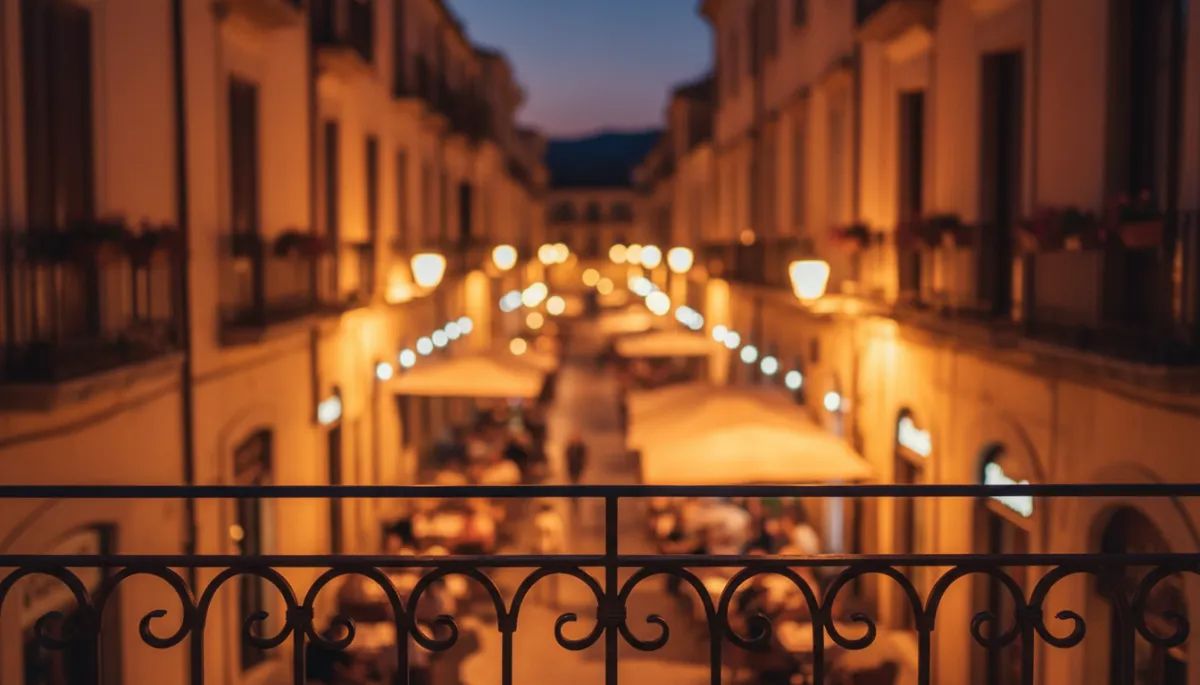View from a Mediterranean hotel balcony over a softly noisy evening street View from a Mediterranean hotel balcony over a softly noisy evening street