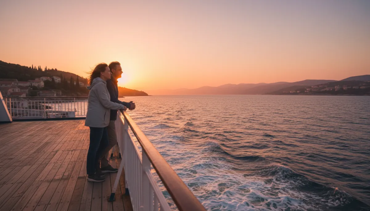 Couple standing quietly on a Mediterranean ferry deck as the coast drifts by Couple standing quietly on a Mediterranean ferry deck as the coast drifts by