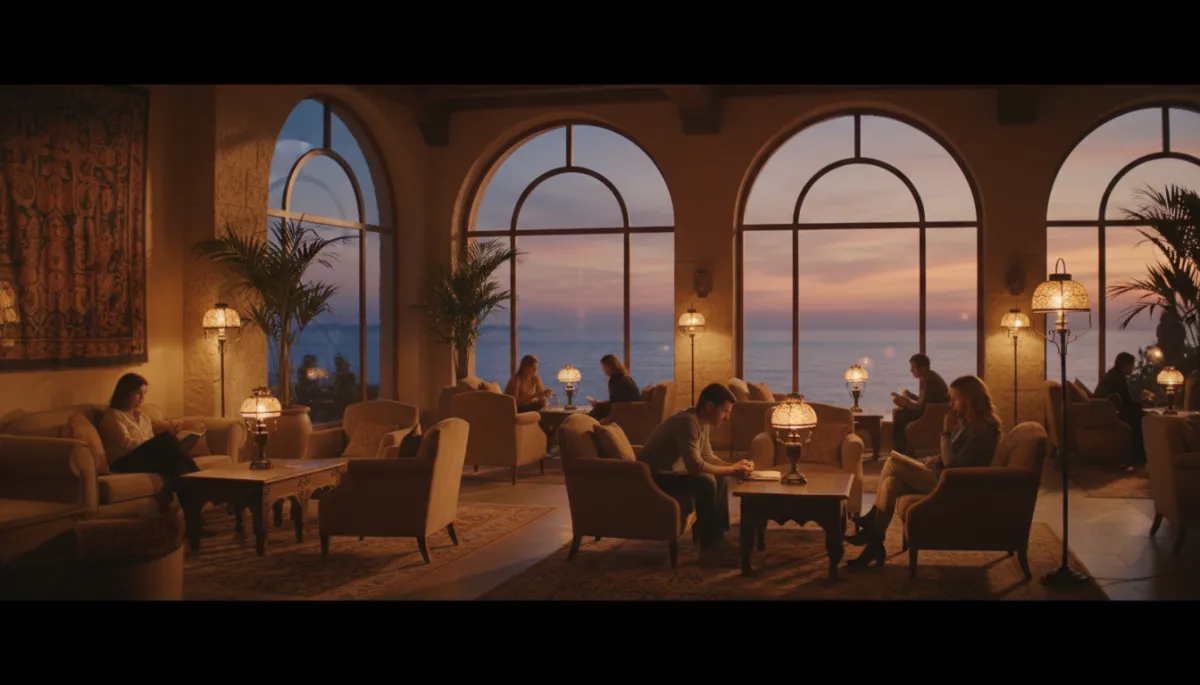 Softly lit Mediterranean hotel lounge with couples relaxing in the evening Softly lit Mediterranean hotel lounge with couples relaxing in the evening