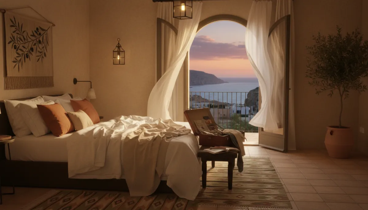 Softly lit Mediterranean hotel room with signs of real use and an open balcony door Softly lit Mediterranean hotel room with signs of real use and an open balcony door