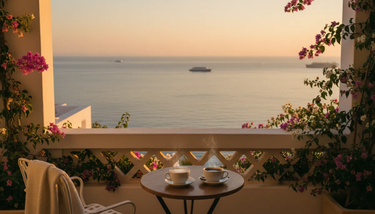 Simple Mediterranean hotel balcony with coffee cups and a soft sea view Simple Mediterranean hotel balcony with coffee cups and a soft sea view
