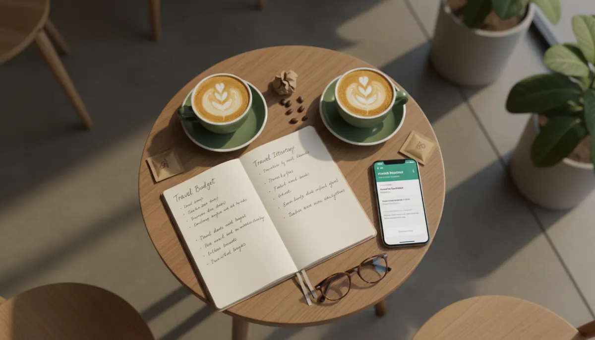 Holiday budget and itinerary written in a notebook beside coffee Holiday budget and itinerary written in a notebook beside coffee