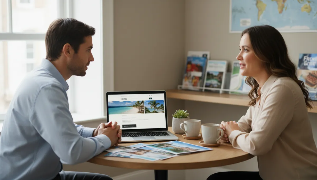Travel advisor calmly discussing holiday options with a couple Travel advisor calmly discussing holiday options with a couple
