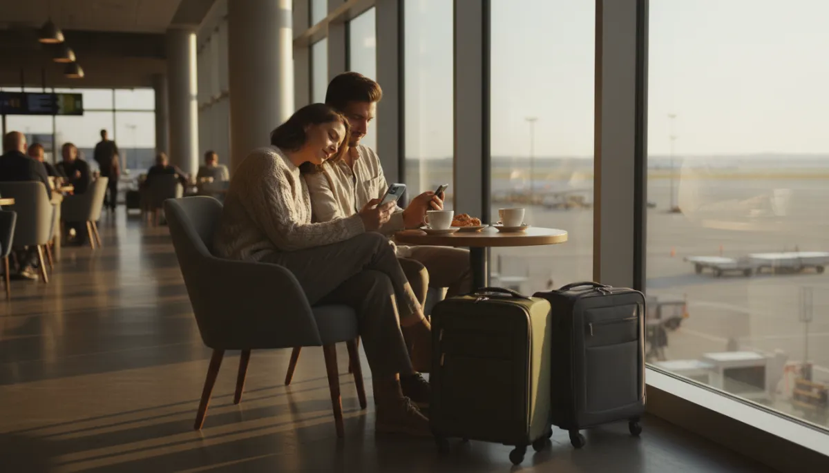 Couple waiting calmly at an airport café with their suitcases Couple waiting calmly at an airport café with their suitcases