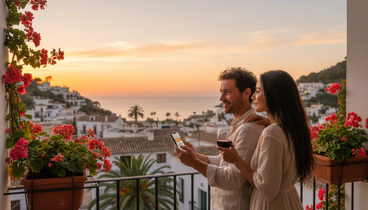 Couple relaxing on a hotel balcony after smooth travel arrangements Couple relaxing on a hotel balcony after smooth travel arrangements
