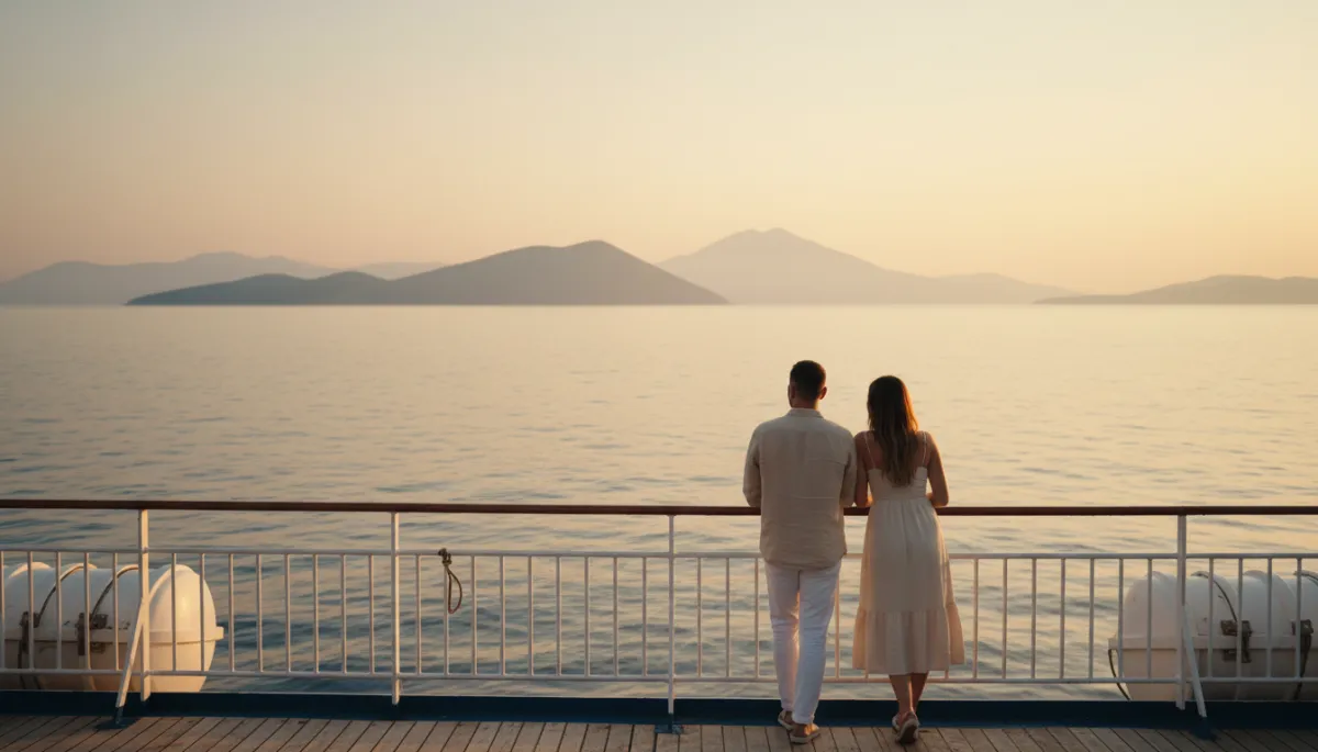 cinematic shot from the deck of a Croatian ferry at golden hour, couple leaning on the rail watching islands pass by, soft neutral colours, calm sea and hazy silhouettes of hills