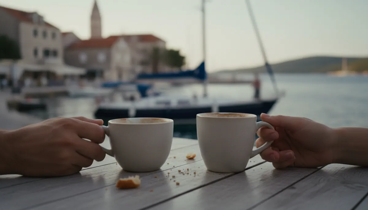 cinematic close-up of two hands holding coffee cups at an outdoor seaside café table in Croatia, soft focus on the harbour beyond, neutral tones, slow relaxed mood