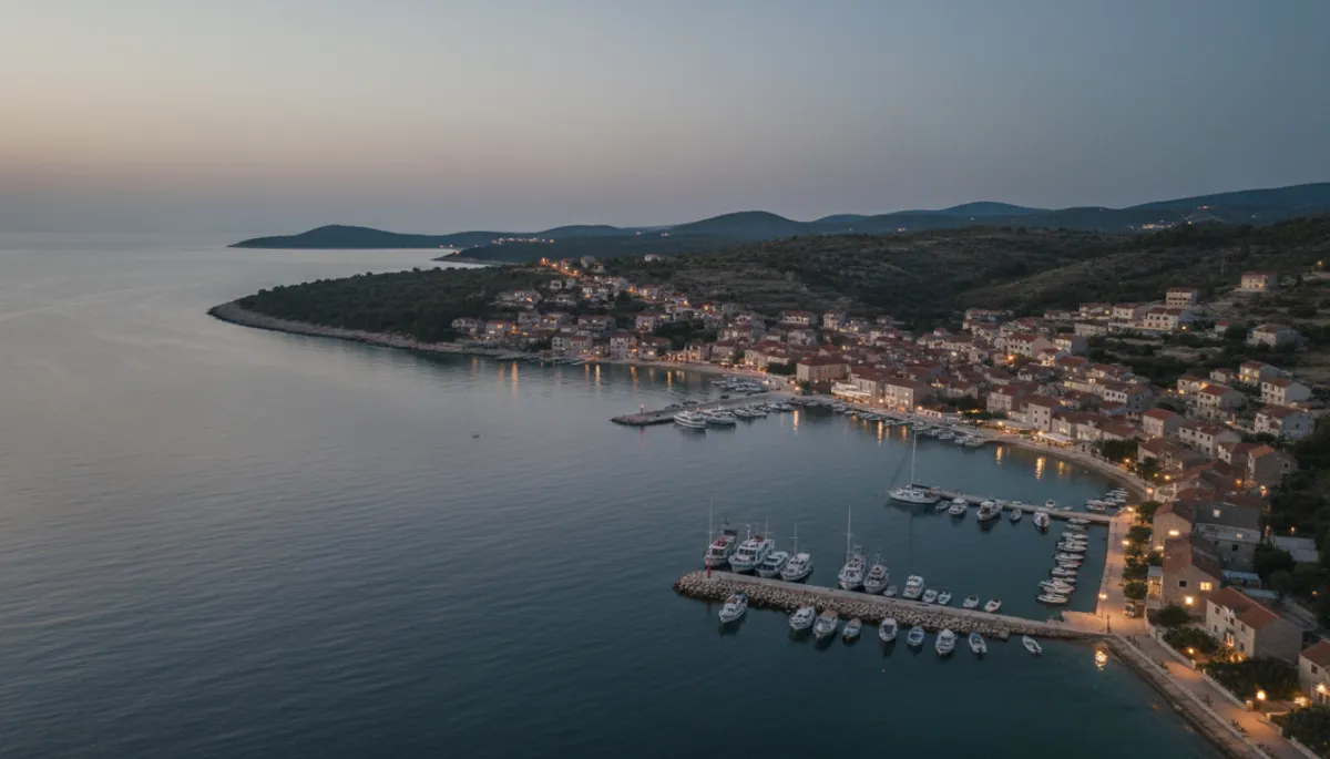 cinematic aerial view of a Croatian island harbour at blue hour, soft neutral tones, small boats in a protected bay, stone houses with warm lights coming on, calm sea and gentle hills in the background