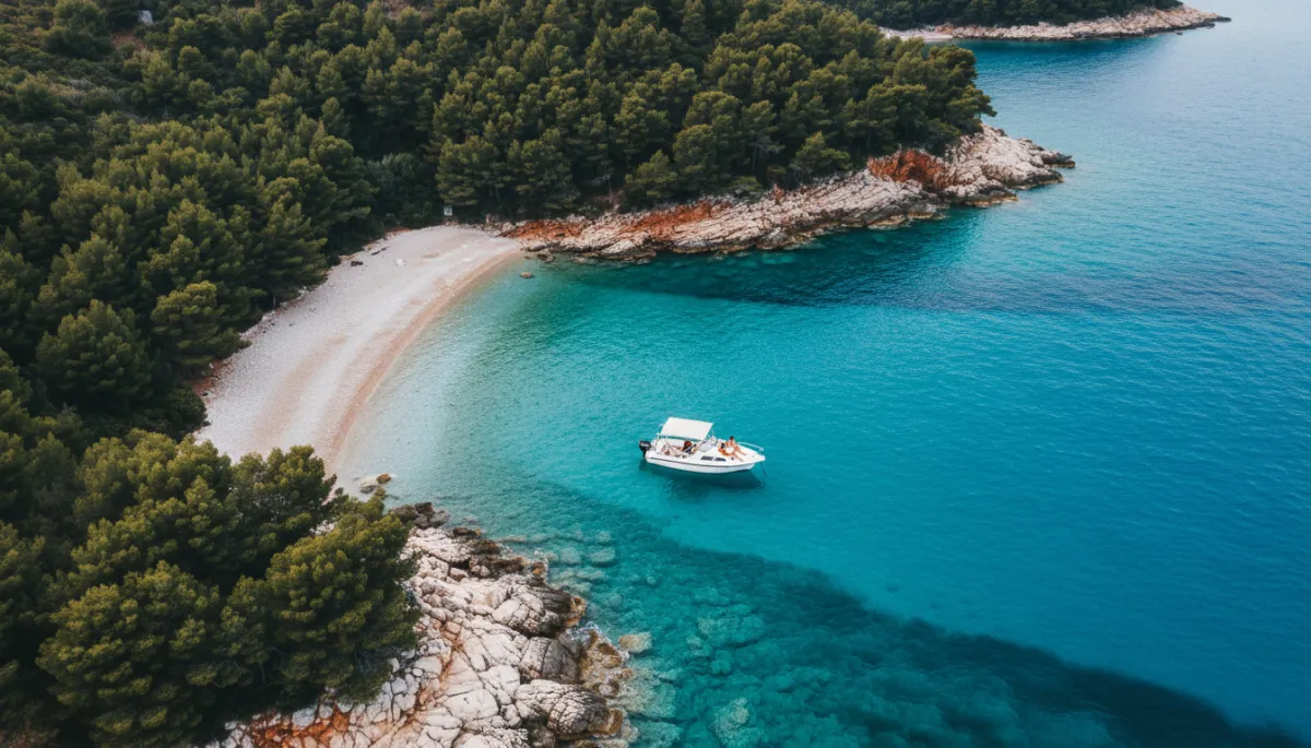 Couple relaxing on a small boat in a secluded Croatian cove