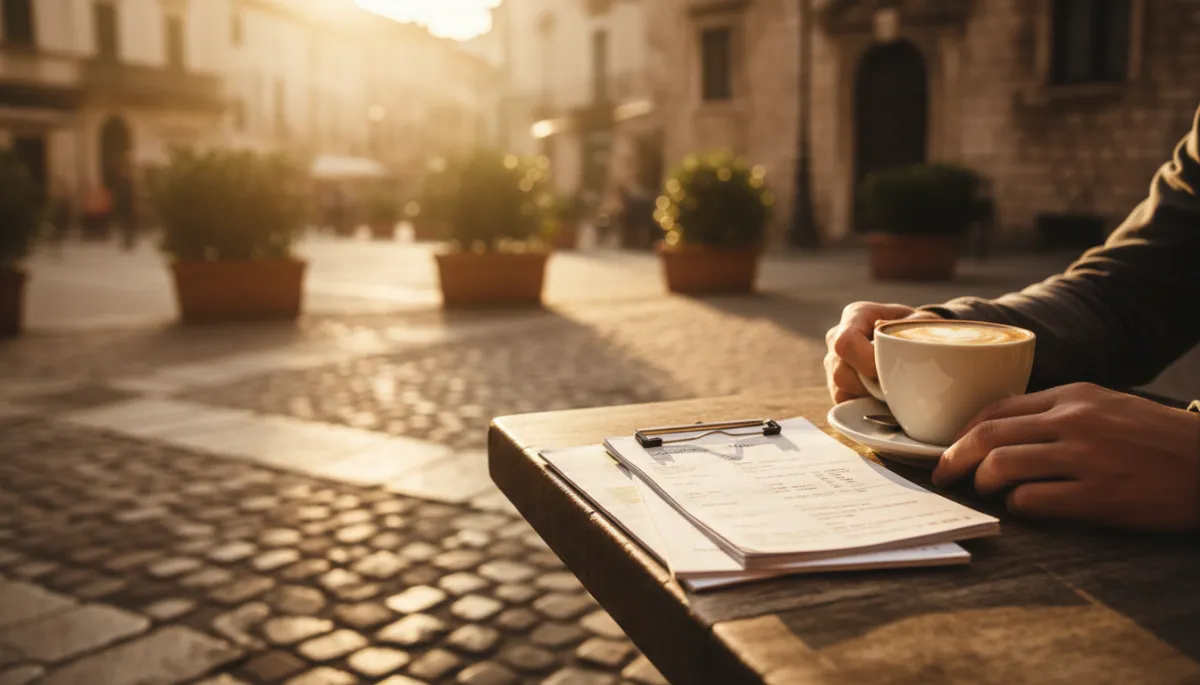 Couple reviewing a simple printed itinerary over coffee at a café table