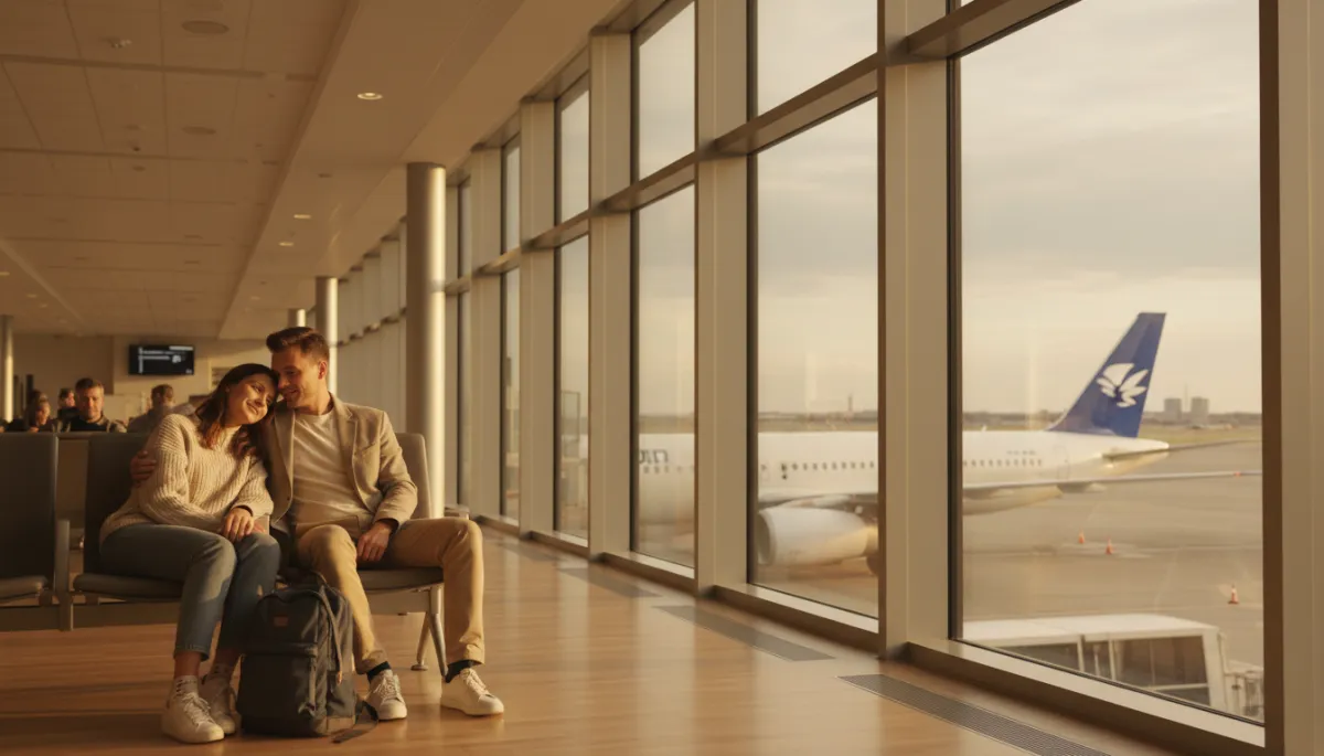 Couple resting together in a calm airport lounge with luggage at their feet