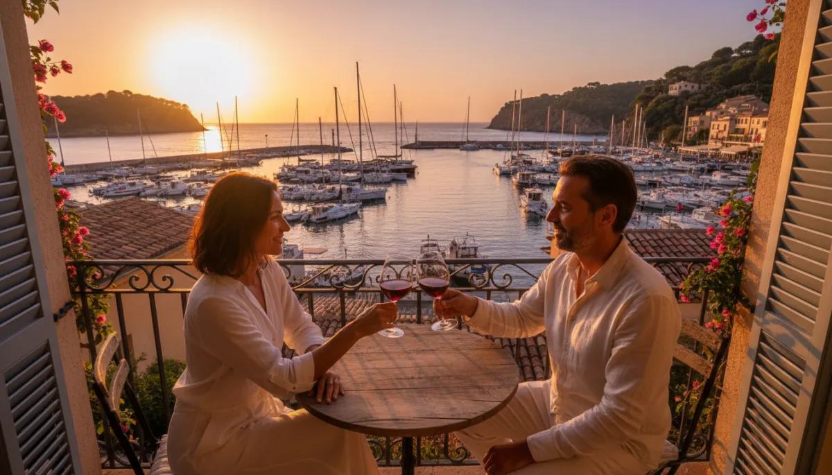 Couple relaxing on a small hotel balcony overlooking a Mediterranean harbour
