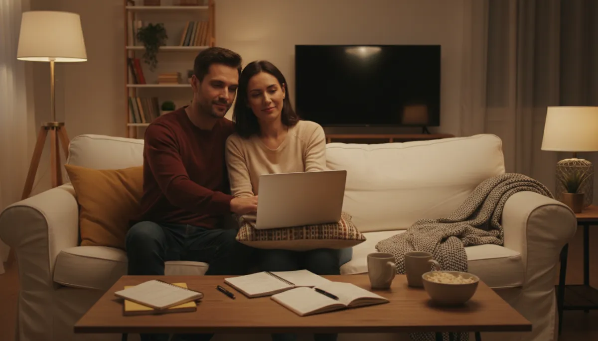 Couple closing a laptop after finishing their holiday planning, looking relieved