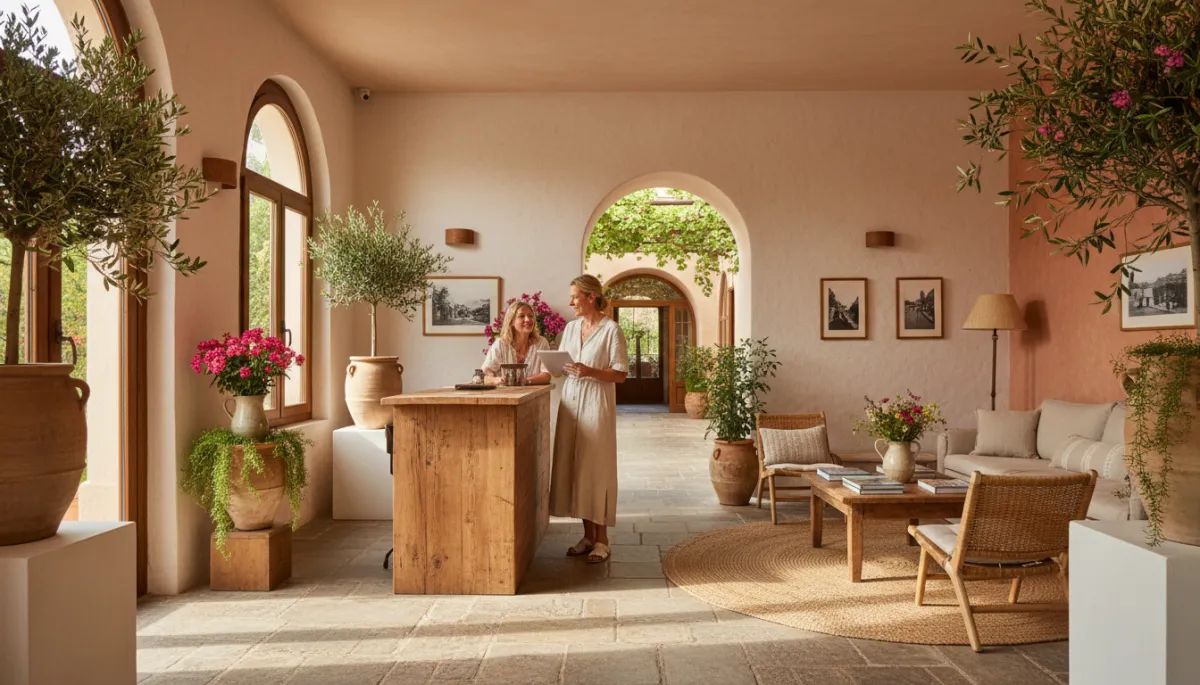 Travel advisor speaking with a hotel owner in a calm Mediterranean lobby