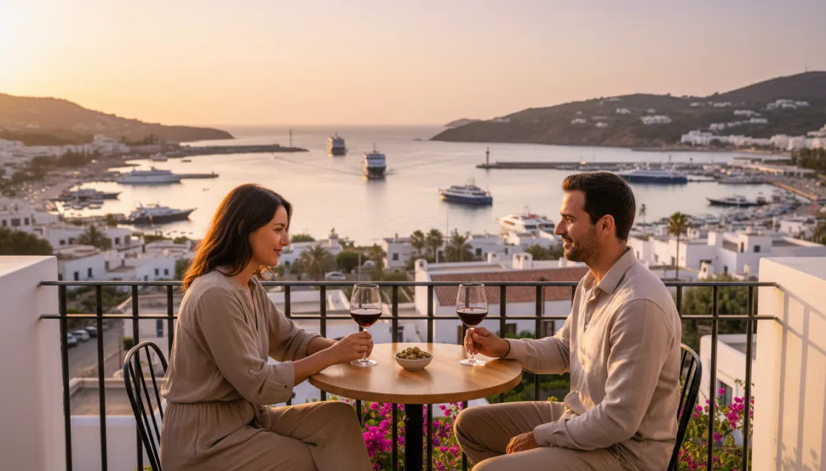 Couple enjoying a quiet honeymoon moment on a hotel balcony at sunset