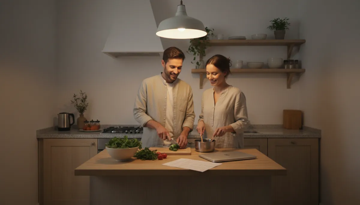 Couple cooking together at home with their honeymoon plans already organised