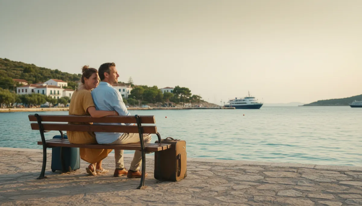 Couple waiting calmly at a ferry terminal with simple luggage