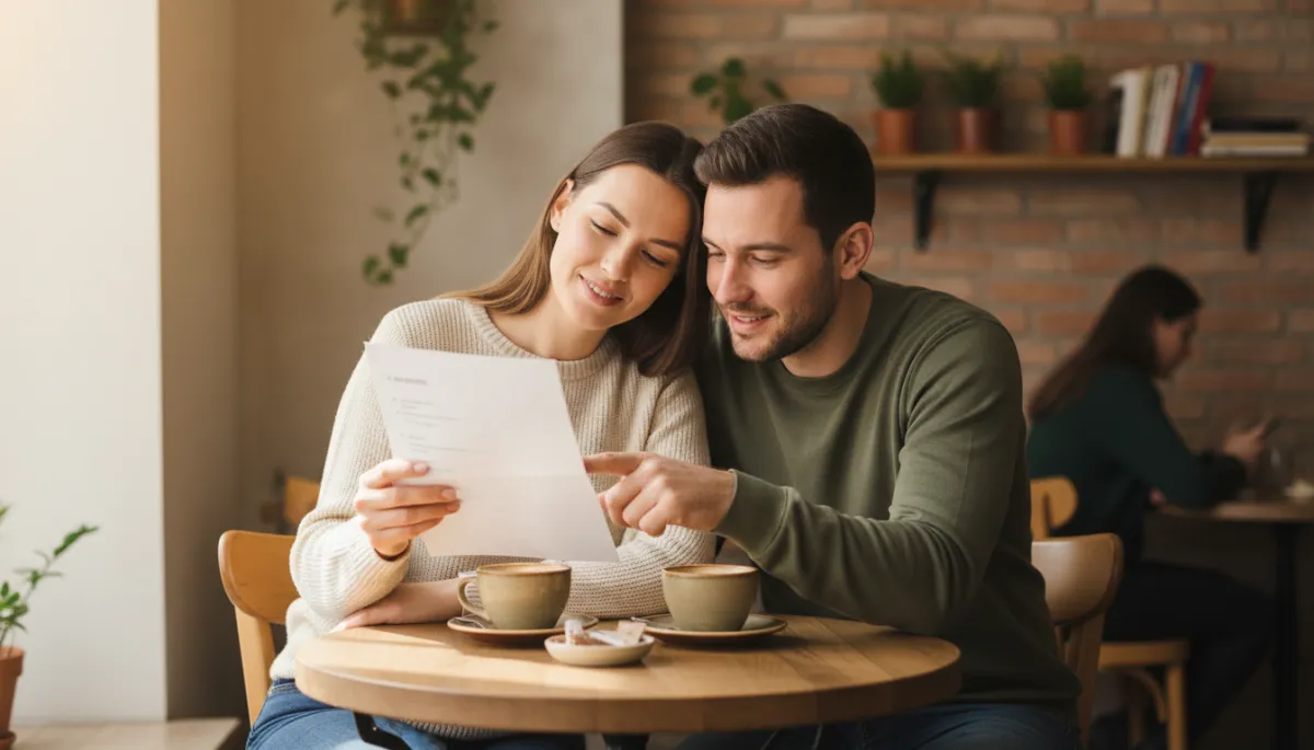 Couple reviewing a simple honeymoon itinerary together in a quiet café