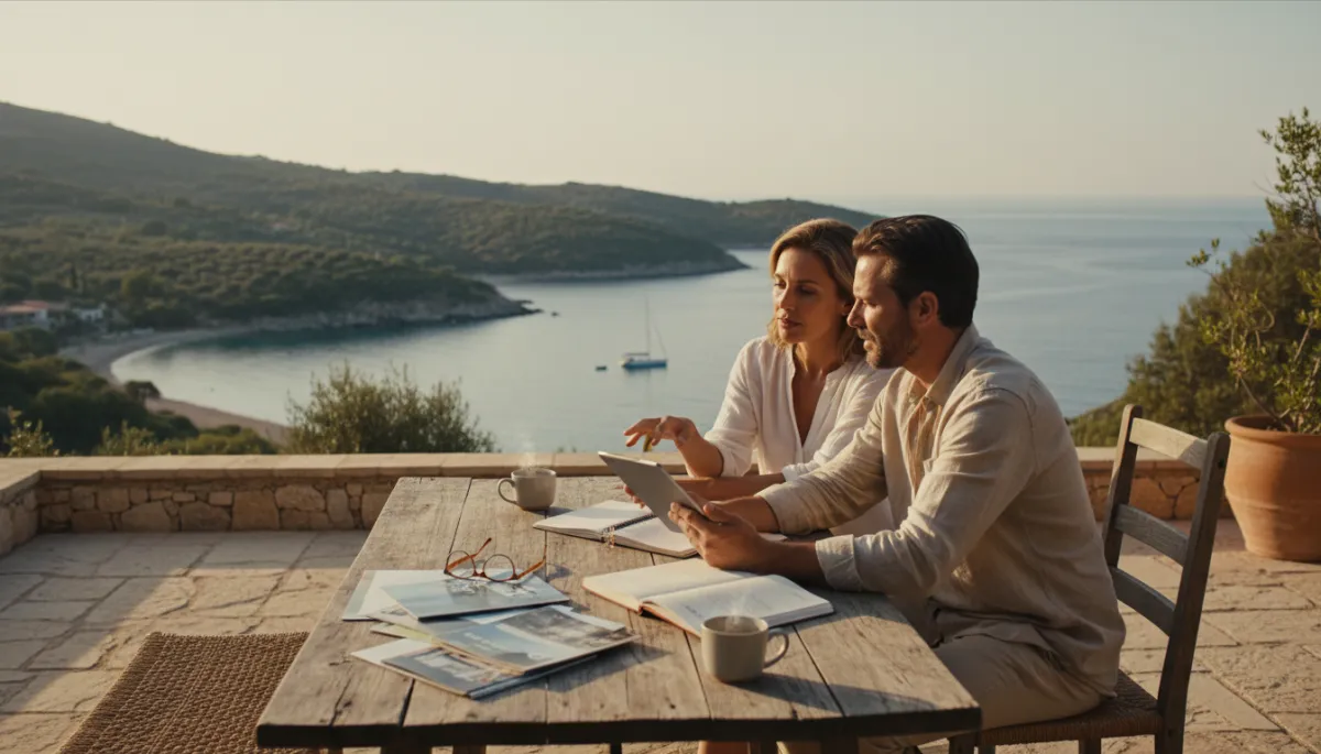 Couple planning trip with travel advisor at sunset