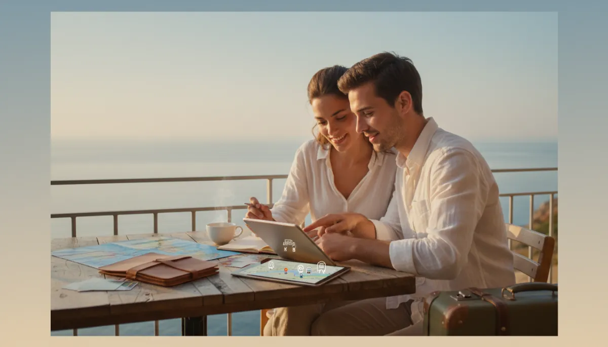 Couple planning travel deals at a kitchen table