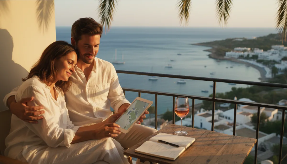 Couple planning honeymoon with travel agent assistance