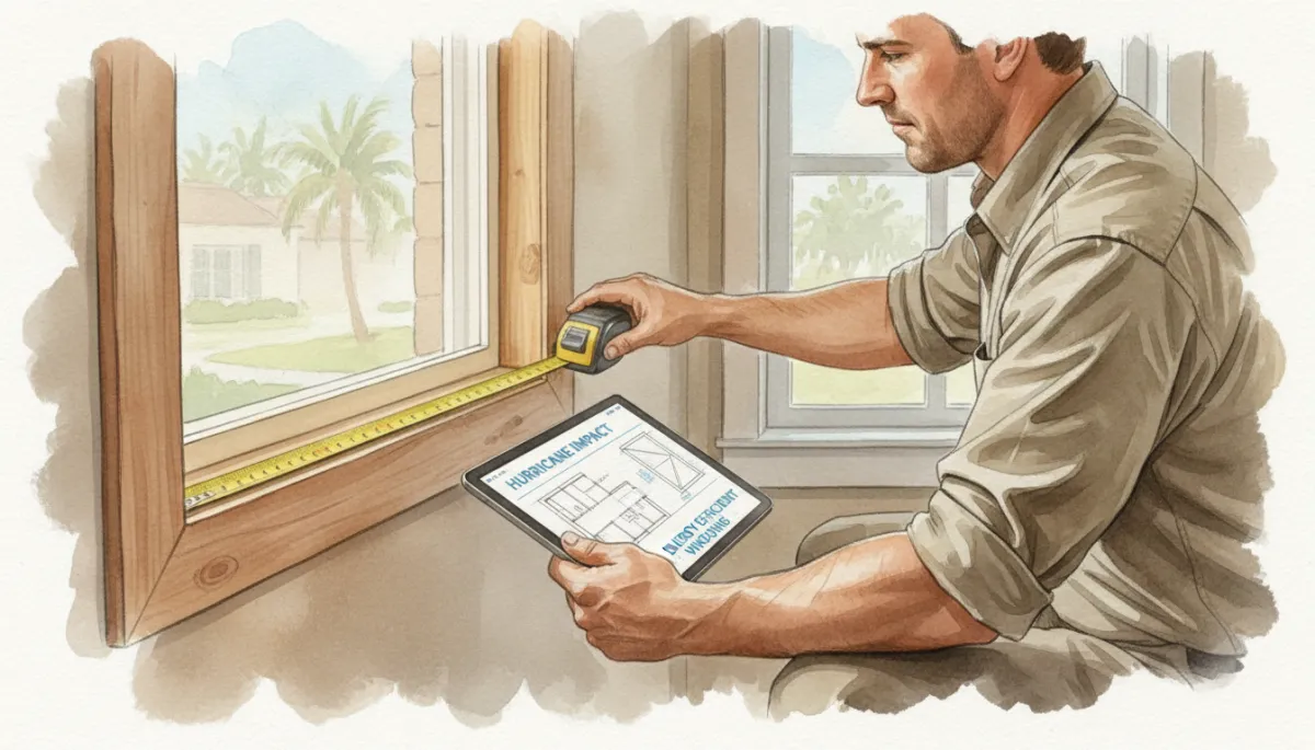 Contractor measuring a window opening for hurricane impact and energy-efficient replacement Contractor measuring a window opening for hurricane impact and energy-efficient replacement