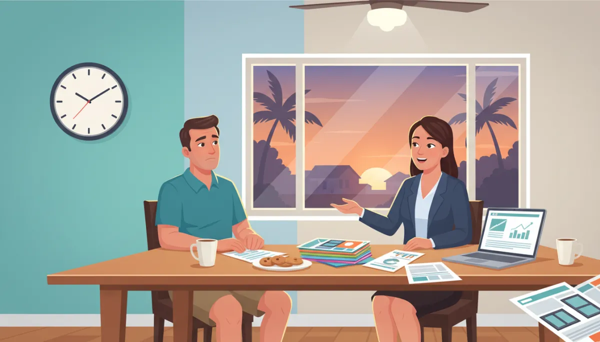 Florida homeowner glancing at a wall clock while a window sales rep continues a long presentation at the kitchen table, paperwork and brochures spread out, evening light outside the window Florida homeowner glancing at a wall clock while a window sales rep continues a long presentation at the kitchen table, paperwork and brochures spread out, evening light outside the window