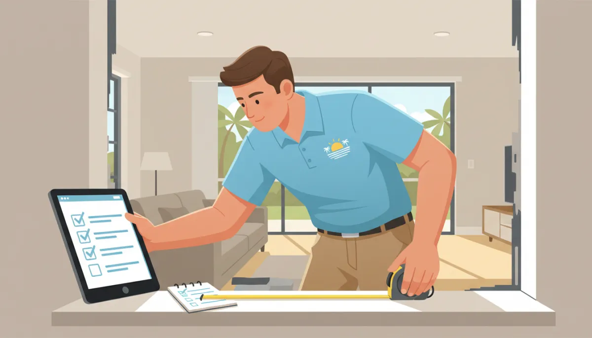 Organized Florida window contractor using a tablet and tape measure to document window openings, with a simple checklist visible on the table Organized Florida window contractor using a tablet and tape measure to document window openings, with a simple checklist visible on the table