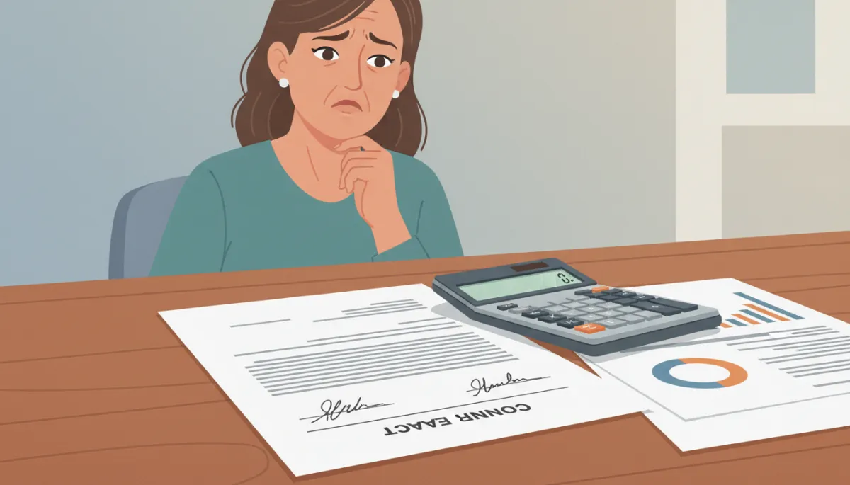 Close-up of a signed window replacement contract next to a calculator and financing papers, with a homeowner looking uncertain in the background Close-up of a signed window replacement contract next to a calculator and financing papers, with a homeowner looking uncertain in the background