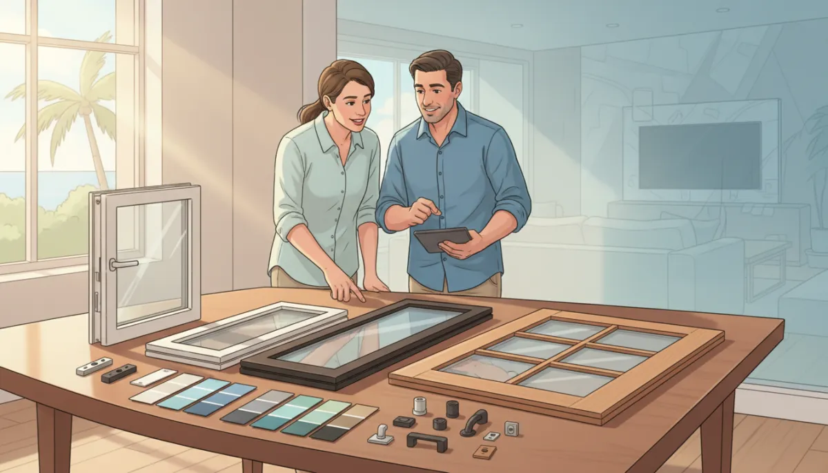 Florida couple reviewing different window and door style samples with a contractor, color swatches and hardware options neatly laid out on a table Florida couple reviewing different window and door style samples with a contractor, color swatches and hardware options neatly laid out on a table
