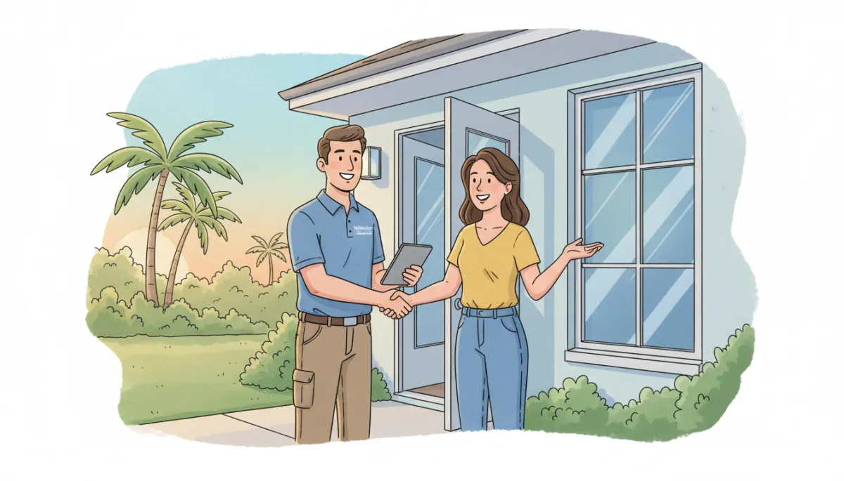 Windoor Retro Installations team member shaking hands with a Florida homeowner at the front door after a concise consultation, both smiling Windoor Retro Installations team member shaking hands with a Florida homeowner at the front door after a concise consultation, both smiling