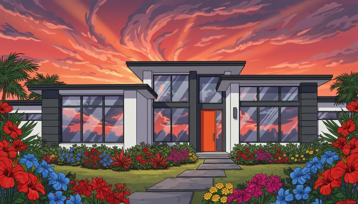 A vibrant, eye-catching photo illustration of a Florida home with bold, modern impact windows, dramatic storm clouds in the distance, and bright pops of color in landscaping and sunset sky—designed to immediately grab attention.