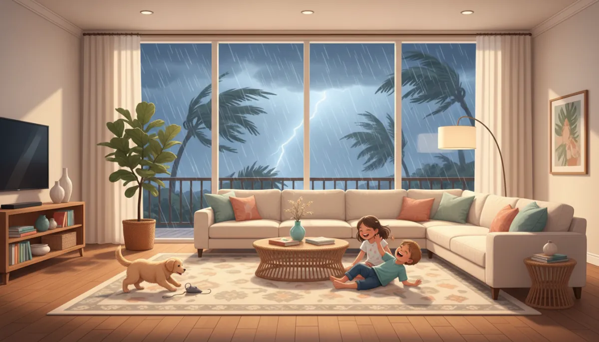 A cozy, inviting Florida living room interior with large, sunlit impact windows, kids and pets playing safely inside while stormy weather is visible outside—a bright, reassuring vibe.