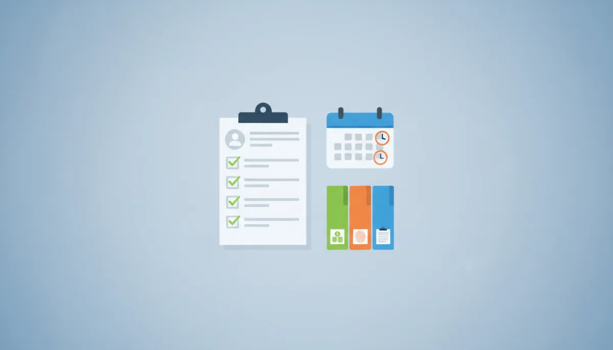 Flat illustration of a desktop with a USCIS Form I‑90 checklist, calendar marked with renewal dates, and folders labeled fees, biometrics, and documents, all in a simple icon style with no people