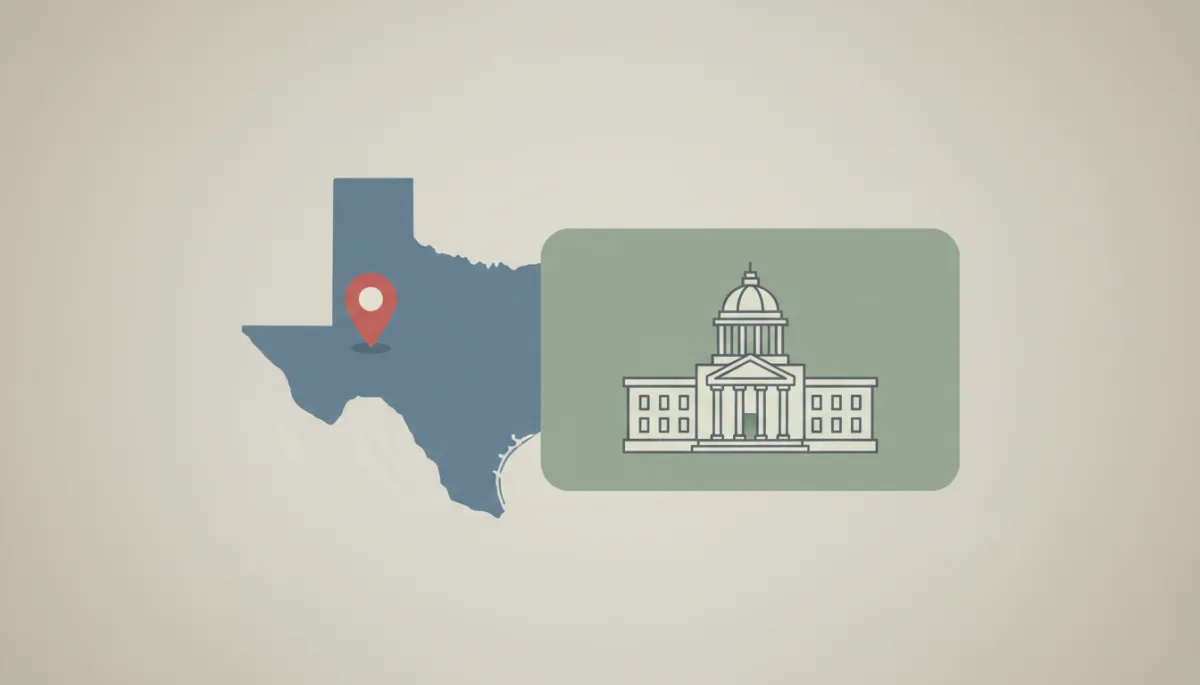 Flat illustration of a Texas state outline with location pin on Fort Worth, next to a large stylized green card and simple courthouse icon, all in muted colors and no people