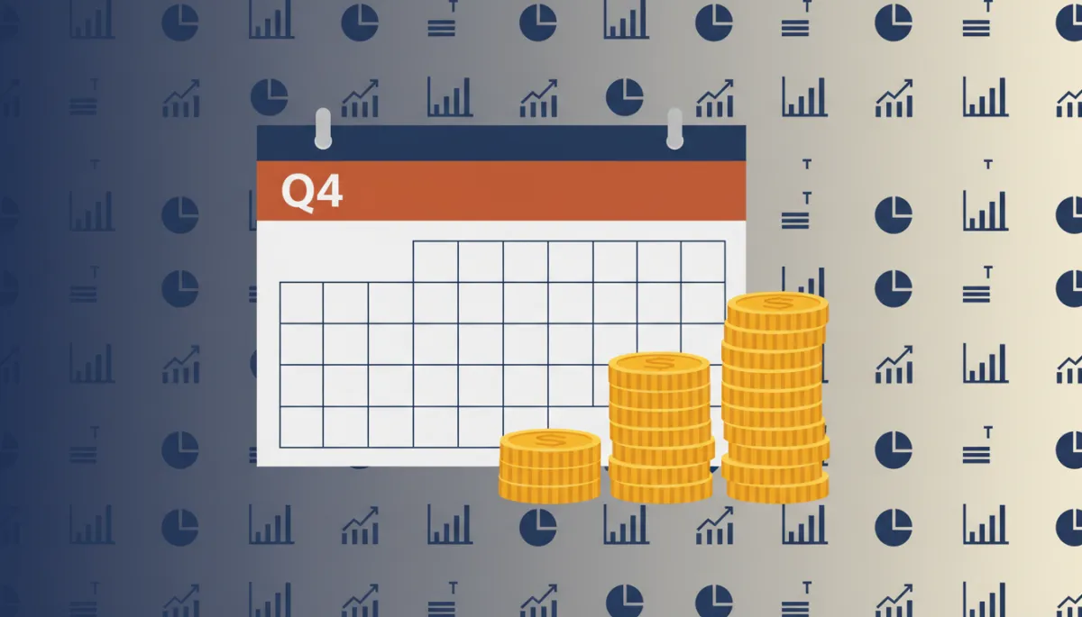 Flat illustration of Q4 calendar, coins, and charts for year-end tax planning