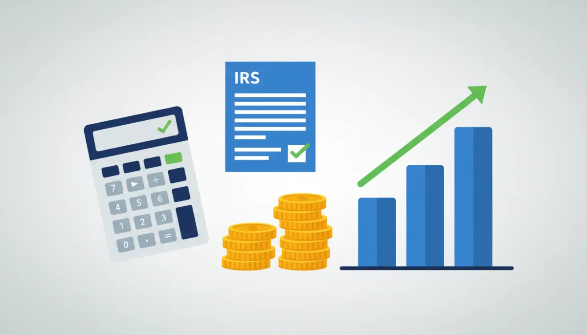 Flat illustration of calculator, IRS form, coins, and rising bar chart