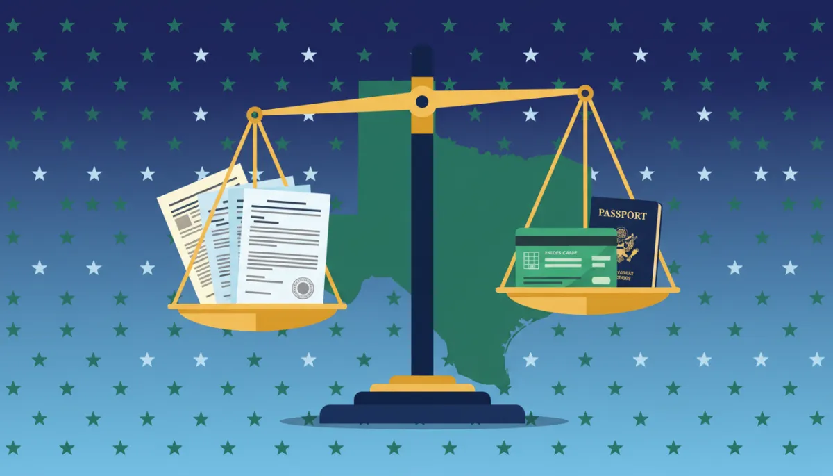 Flat illustration of scales balancing immigration documents and a green card, with Texas outline in background