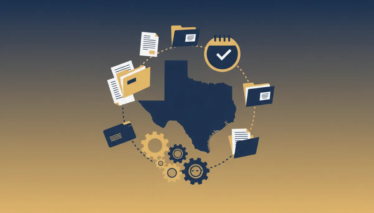Flat illustration of Texas documents, folders, gears, and calendar icons