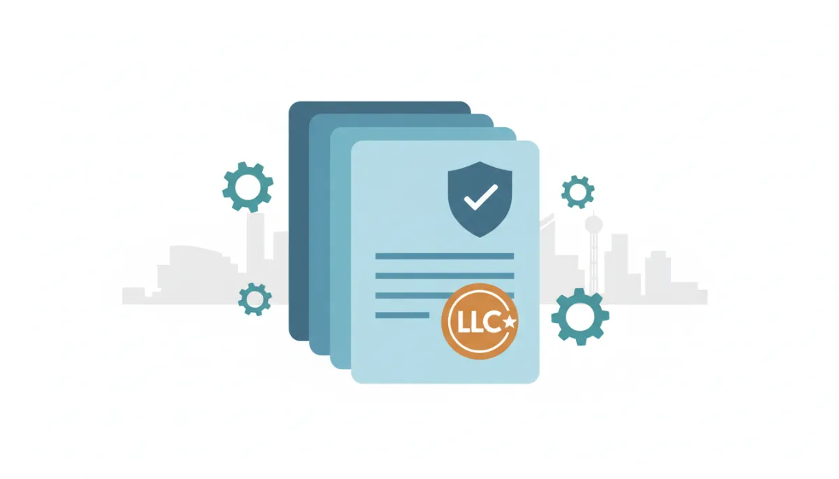 Illustration of stacked LLC documents with compliance shield and Fort Worth skyline