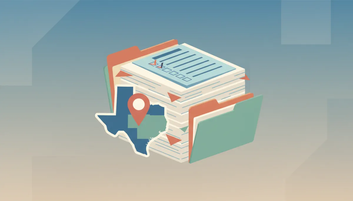 Flat illustration of immigration documents, checklist, folders, and Texas map with location pin